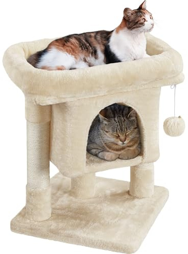 Yaheetech Arbre à Chat Griffoir Design 59 cm Adapté Petits Espaces Beige | Equipé de Niche et Plate-forme, Montage Simplifié pour 1 à 2 Chats