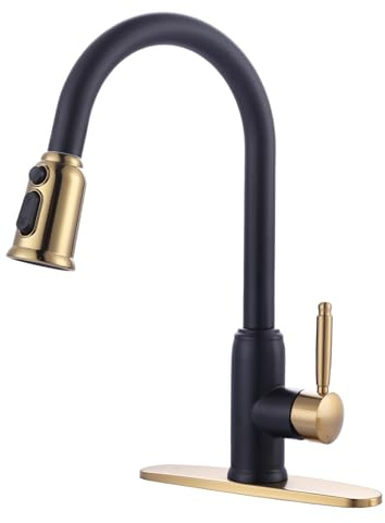 Black Gold Kitchen Faucet with Sprayer: WOWOW 304 Stainless Steel Kitchen Sink Faucet for 1 or 3 Hole, High Arc Single Handle Mixer Taps with Deck Plate, Vintage Style