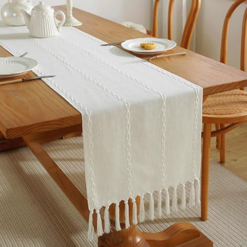LOZULO Creme Weiß Tischläufer Modern Läufer Tisch Boho Baumwolle Leinen Tischläufer Deko Couchtisch Abwaschbar Landhausstil Table Runner Party Hochzeit Tischdeko 38x163cm