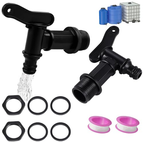 Auslaufhahn für Regentonne, 2 Stück Kunststoff Ersatz Hahn, 3/4 Zoll Kunststoff Auslaufhahn, mit Dichtung Kontermutter Dichtband, für Regentonne, Garten Wassertank und Wassertonne, Schwarz