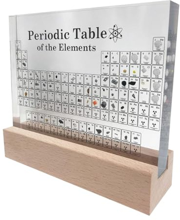 Tabla Periódica con Elementos Reales y Base de Madera - Tabla de Resina Transparente y Soporte de Madera con Luz Led de Bajo Consumo - Regalo Química para alumnos, profesores, aulas… (CON BASE)