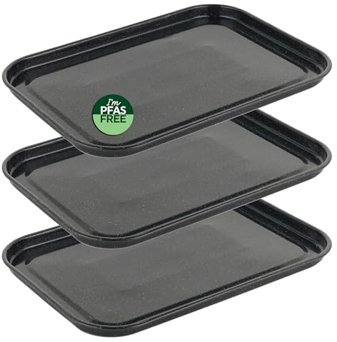 Salter COMBO-9147 Baking Tray Set – 3 Pack, 36 cm Vitreous Enamel Coated Steel Flat Oven Pan, Large Cookie Sheet, Bakeware for Baking/Roasting, PFAS-Free, Dishwasher Safe, Oven Safe to 230°C, Black