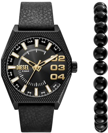 Diesel Coffret Montre Scraper à Trois Aiguilles, en Acier Inoxydable, Noir, et Bracelet, pour Homme, DZ2210SET