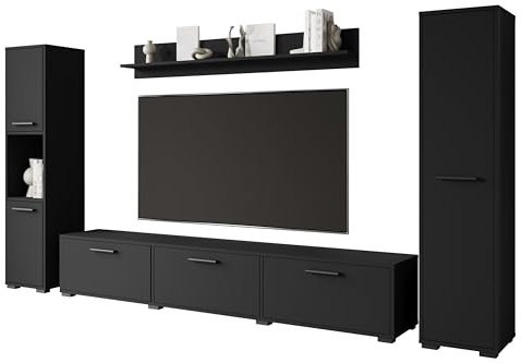 MINIO go for it - Wohnwand Wohnzimmer 4-teilig Toga, Wohnzimmer Möbel Set, 1x TV Lowboard, 2X Hochschrank, 1x Wandboard, Wohnzimmermöbel Komplett, Wohnzimmer Set - Farbe Schwarz Graphit Matte