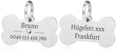 Knochen Hundemarke mit Gravur - Edelstahl Silber Hundemarke mit Name, Telefonnummer - Hundemarke personalisiert mit Symbolen Dog Tag Namensschild für Halsband und 2 Schlüsselringe