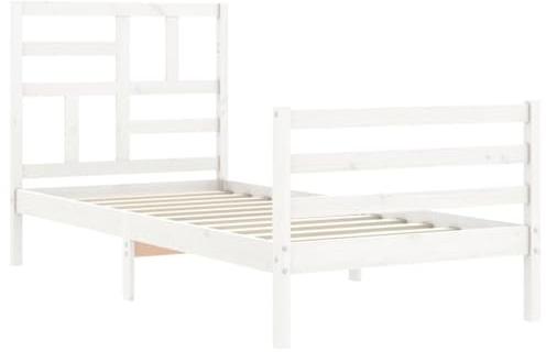 vidaXL Massivholzbett, Bett mit Kopfteil, Einzelbett Holzbett für Schlafzimmer, Bettrahmen Bettgestell mit Lattenrost, Weiß 90x200cm
