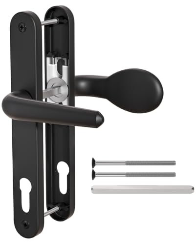 Bwintech 1 Pcs Black Aluminum UPVC Door Handle,Lever/Pad Inline 92mm Backset,211mm Screw Hole Distance, 243mm Plate Length Front Door Handles for UPVC Door