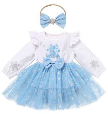 FYMNSI Baby M�dchen 1. Geburtstag Outfit Kleinkinder Winter Samtkleid Weihnachtskleid Schneeflocke Weihnachten Partykleider Festliches Festkleid Mit Stirnband Fotoshooting Kleidung Blau 9-12 Monate