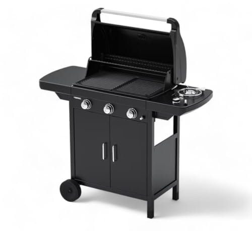 Briconess.com Barbecue a Gas 3 fuochi in Acciaio con Ruote fornello Laterale e griglia in ghisa Smaltata Compact EXS