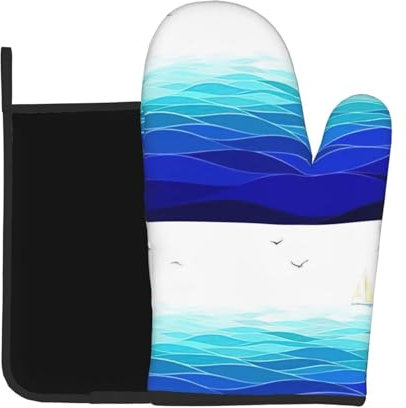 Print Waves Segelboot mit Vögeln Maritim Ofenhandschuh und Topflappen Pads, Hitze zum Kochen oder Backen