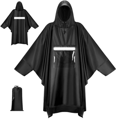 KTUEOV Poncho Antipioggia, Poncho Impermeabile con Maniche e Tasca Mantella Antipioggia Leggero e Riutilizzabile Poncho Pioggia Adulto con Cappuccio per Picnic Trekking Campeggio Pesca Ciclismo-Nero