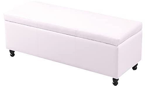 Moderner Ottomane aus weißem Leder mit Stauraum, mit getuftetem Holz, Fußstütze, Hocker, rechteckig, Couchtisch für Wohnzimmer und Schlafzimmer, 100 x 43 x 42 cm