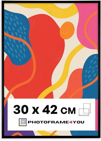 Photoframe4you - Cornice 30x42 cm in plastica con vetro acrilico - Nero | Per poster, foto, puzzle e certificati, profilo plastica leggero per decorazione in verticale o orizzontale, modello Nancy