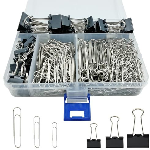 340 PCS Paper Clips and Binder Clips Assorted Sizes, 28mm 33mm 50mm Silver Paperclips&15mm 19mm 25mm Black Foldback Binder Clip Set for Home&School&Office Document Organizing,Supplies Desk Essentials