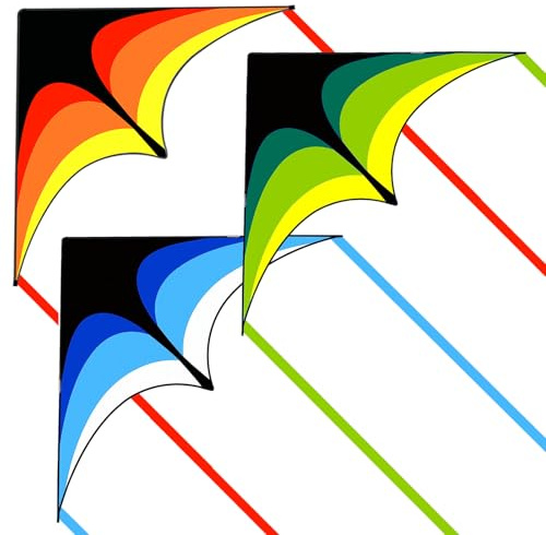Kites for Kids and Adults, Easy to Fly for Beach, Single Line Kite Set for Beginners, 55 x 27 Delta Kites for Teens with 3 * 300FT Kite String(Green&Blue&Yellow)