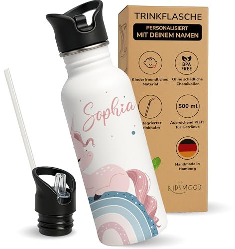 Kidsmood - Personalisierte Trinkflasche für Kinder aus Edelstahl, 500ml, Auslaufsicher mit Trinkhalm, Spülmaschinenfest | Für Schule & Kindergarten oder als Einschulungsgeschenk Mädchen und Jungen