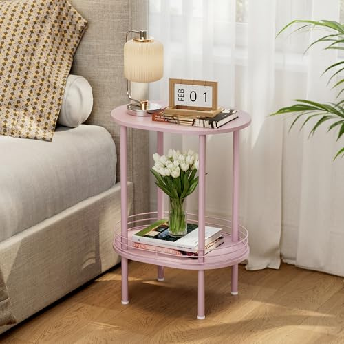 Small Modern Oval Side Table with Storage,2-Tier Side Tables Living Room,Sturdy Nightstand for Small Space - Living Room, Bedroom, Bathroom, Nursery (1PC,Pink)