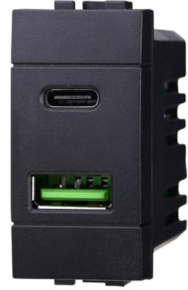 IXTRIMA Duales USB-Ladegerät mit 2 Anschlüssen, 3,1 A USB-C + U SB A, Farbe Schwarz, kompatibel mit Bticino Living Light/International, 1 Stück