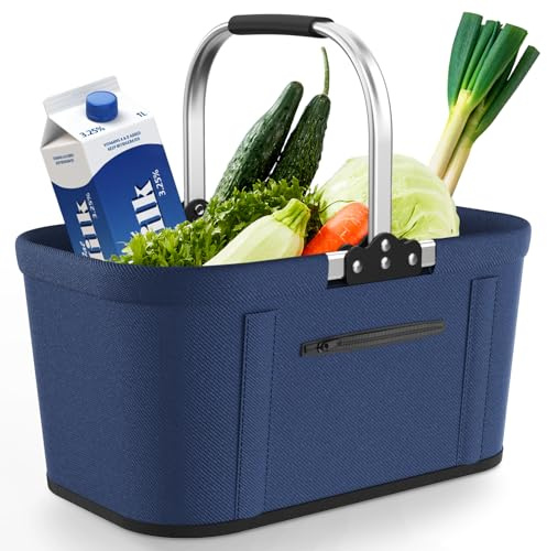 Yeabett 30 l vikbar shoppingkorg med 4 stödstänger | stabil bärkorg och picknickkorg | stor hopfällbar korg för familj (46 x 27 x 25 cm) | Med vadderade handtag | för shopping, resor, camping (blå)