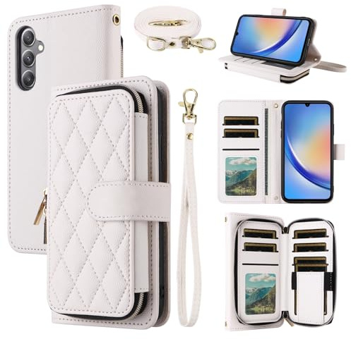 ELISORLI Argyle Wallet Case for Samsung Galaxy A56 5G Women Men White | Wrist Strap Shoulder Strap, Luxury PU Leather Zipper Purse, Flip Credit Card Holder, Stand, Phone Cover for A 56 56A LTE