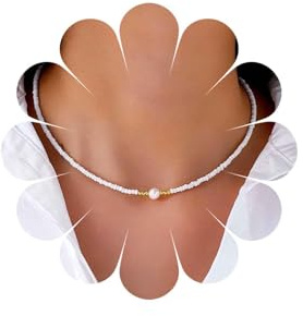 Inateannal Boho Tiny Seed Beaded Necklace Small Bead Choker Necklace Pearl Pendant Necklace Chain White Rice Bead Collar Necklace Jewelry for Women