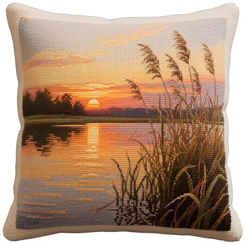 Taxpy Diy Kits De Crochets De Verrouillage Paysage lacustre au coucher du soleil Kit Coussin au Point Noué, Oreiller Imprimé Coussin Au Crochet Fil Broderie Travaux D’Aiguille 43x43cm