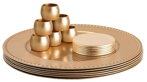 Argon Tableware Round Charger Plates Set with Coasters & Napkin Rings - 33cm - Gold Bead - 18pc Reusable Hard Plastic Dinner Table Setting Wedding Party Decorative Serving Tableware Chargers
