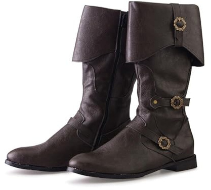 Generisch Cosplay Stiefel Flach Damen Kunstleder Mittelalter Stiefel Wikinger Piraten Kostüm Lederstiefel Renaissance Faire Cosplay Schuhe Pull On Boots Mid Calf Gothic Boots Einfarbige Blockabsatz
