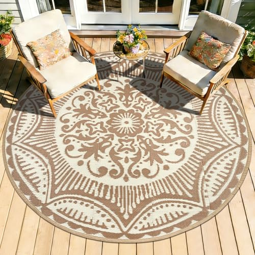 Capslpad Tappeto rotondo per esterni, diametro 150 cm, tappeto da balcone, in plastica, leggero, da picnic, per esterni, per balcone, picnic, campeggio, giardino, beige