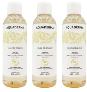 Aquaderma Huile Douche Aloe Vera & Huile d'Argan - Lot de 3x100ml - Format Voyage - 95% Origine Naturelle & Made In France - Nourrit & Protège - Tous Types de Peaux, Visage & Corps - Hypoallergénique