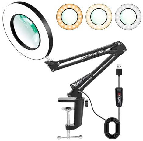 EHIOG Lampada LED da tavolo con lente d'ingrandimento 10X, 72 luci regolabili,3 Modalità Colore, 10 di Luminosità, braccio flessibile per manicure e lavori di precisione