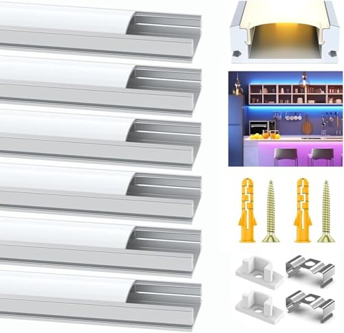 LED Aluminium Profil 6 x 1M für LED Streifen, U-Profil Aluschiene mit Milchiger Abdeckung, LED Strip Kanal inkl. Endkappen, Montageclips & Schrauben, Aufputz LED Schiene - Ideal für Küche & Möbel