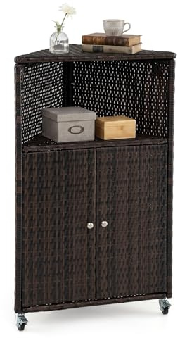 COSTWAY Gartenschrank Rattan Ecke, Terrassenschrank mit Rollen, offenem Fach und Doppeltür, Outdoor Aufbewahrungsschrank, Eckschrank für Garten, Terrasse, Balkon, 66 x 47 x 111 cm