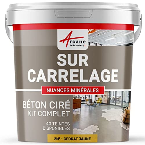 Béton ciré sur carrelage, cuisine, salle de bain, mural, sol, plan de travail, revêtement décoratif douche en kit - 2 m² (en 2 couches) Cédrat Jaune - ARCANE INDUSTRIES