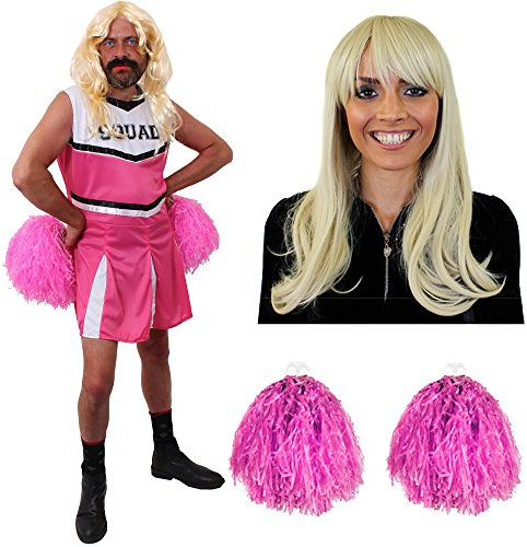 MÄNNER JUNGESELLENABSCHIED ROSA CHEERLEADER KOSTÜM+PERÜCKE=LUSTIGE HERREN VERKLEIDUNG=FASCHING+KARNEVAL +SPORTVERANSTALLTUNGEN AMERIKANISCHEN ART=MIT+OHNE PUSCHEL -XXLARGE- MIT POMPOM