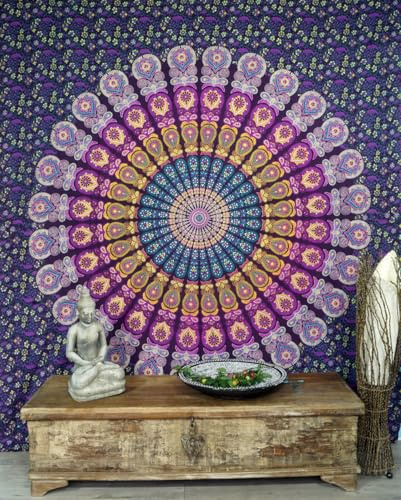 GURU SHOP Boho Style Wandbehang, Indische Tagesdecke Mandala Druck - Blau/lila, 220x210 cm