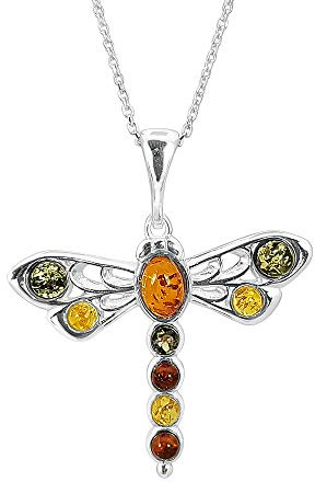 Kiara Jewellery Collar con colgante de libélula grande de plata de ley 925 con incrustaciones de ámbar báltico mixto en cadena de plata de ley de 45,7 cm., Plata esterlina, Ámbar