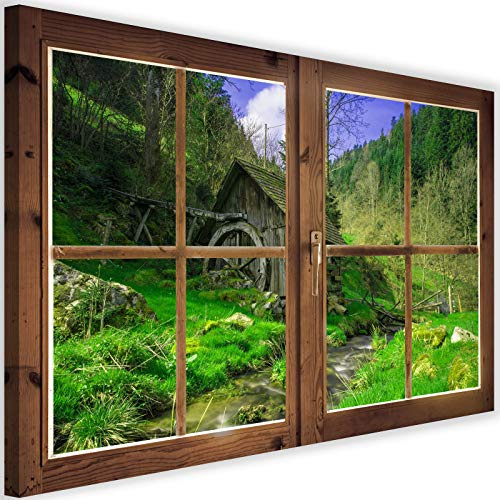 Feeby Imagen Moderno Ventana Falsa Impresión Lienzo Molino Río Paisaje Verde 60x40 cm