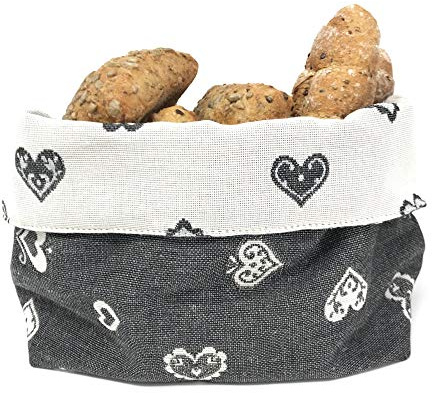 Gaidra Brotkorb - Stoff - Brötchenkorb - Tirol, alpenländisches Landhaus Stil, für Aufbewahrung von Brot und Gebäck, Doubleface zweiseitig verwendbar - Hochwertige Verarbeitung - Motiv Herzen grau