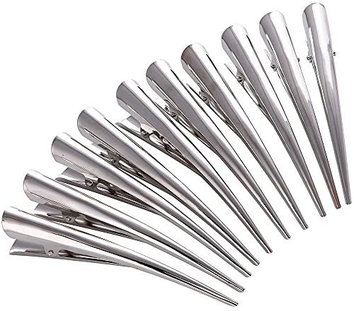 LONEEDY Entenschnabel-Haarclips mit Zinken, Alligator-Lockenclips aus Metall mit Aussparungen für Frisuren, rutschfeste Haarspangen, Haarklemmen, Haarstylingzubehör, 10 Stück, Größe L, Silberfarben