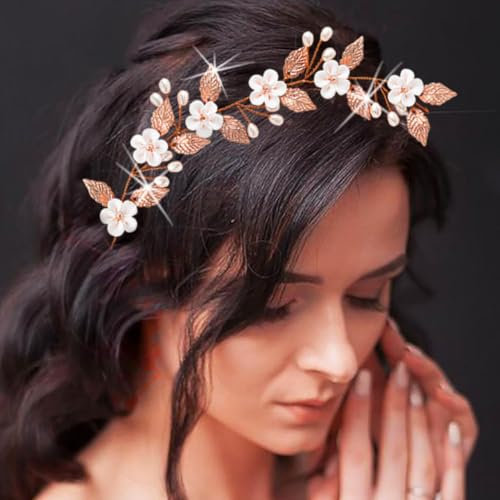 Unicra Haarschmuck für Braut, Hochzeit, Weinrebe, Blume, Perlen, Kopfschmuck, Braut-Haarschmuck für Damen (Roségold)