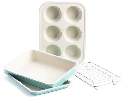 GreenLife Bakeware Set de Horno Tostador de Cerámica Antiadherente Sana de 4 Piezas, Molde de 6 Magdalenas, Rectangular para Tartas, Bandeja y Rejilla para Enfriar,Sin PFAS,Apto para Horno hasta 230°C