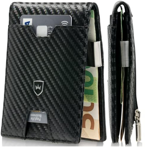Kronenschein® Portafoglio da uomo con fermasoldi, piccolo portafoglio sottile con protezione RFID, porta carte di credito, carbonio