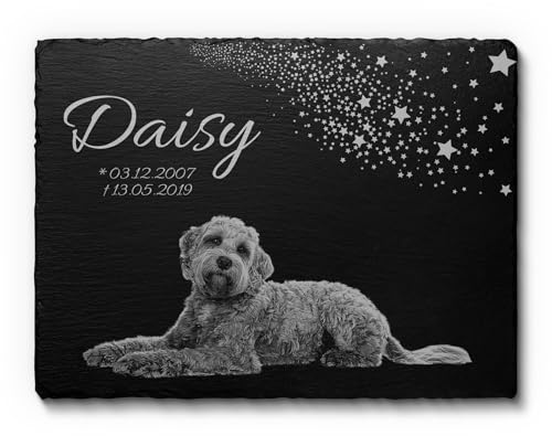 CHRISCK design Schöne Gedenktafel für Hunde - Katzen und Haustiere | Grabstein mit Gravur für Tiere | Katzengrabstein aus Schiefer ca. 22x14 cm o. 30x20 cm