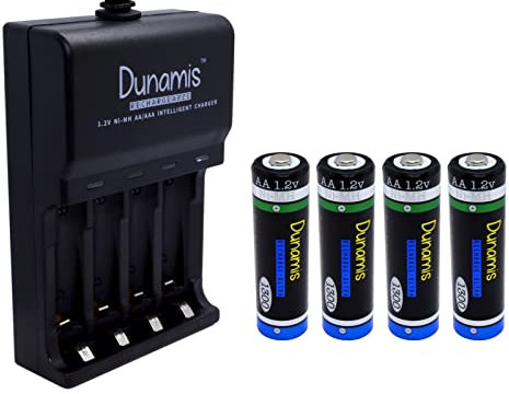 4pk Dunamis 1.2v AA 1300mAh NiMH Rechargeable Batteries & USB Charger/Battery Charging Dock - HIGH CAPACITY Batteries Suitable for High Drain Devices etc…(4pk + Charger, AA 1300mAh)