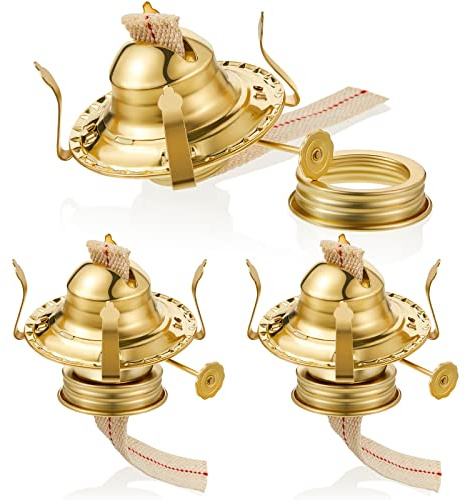 Hortsun 3 Pcs Oil Lamp Parts Burner Kerosene Brass Plated #2 Oil Lamp Chimney Holder Replacement Burner with 1 3/16 Diameter Threaded Base for Antique Hurricane Lantern (Gold)