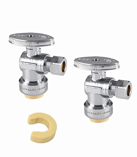 (Pack of 2) EFIELD Push Fit 1/4 Turn Angle Stop Valve Water Shut Off 1/2 Push x 3/8 Inch Compression, with Disconnect Clip Chrome,(PF-UNI004-2PCS)
