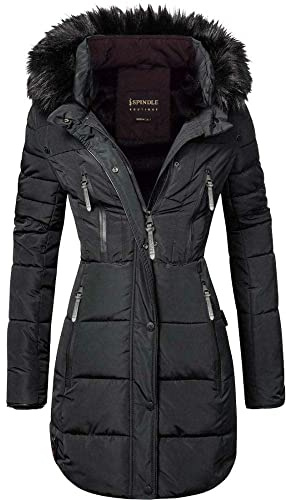 Spindle Womens Designer Long Fur Parka Hooded Jacket Quilted Winter Padded Coat Zip Pockets (L, Black Hooded)