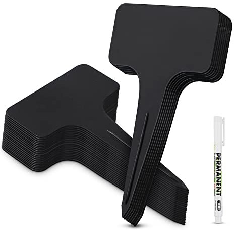 GeeRic 100 Piezas Etiquetas de Plantas Forma de T,Marcadores de Jardín de Plástico Grueso Impermeables Planta Marcadores con Bolígrafo,Negro