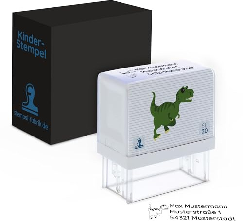 STEMPEL-FABRIK Kinderstempel Dinosaurier, Namensstempel personalisiert | Namensstempel & Adressstempel für Kinder mit Dinosaurier-Motiv, für Schule & Kindergarten, selbstfärbend, 47x17 mm